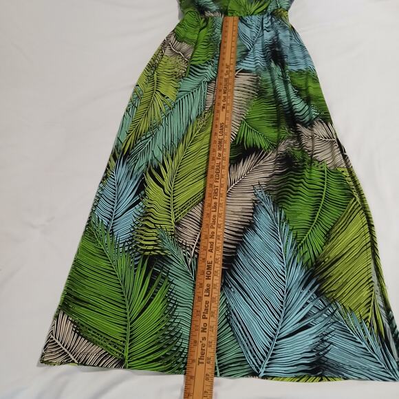 London Style Collection Med Sleeveless Slit Green/Blue Tropical print Maxi Dress - Picture 11 of 14